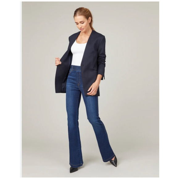 SPANX The Perfect Collarless Blazer Navy/Grey Pinstripe Relaxed Stretch, L